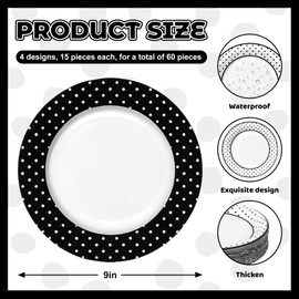 60Pcs Polka Dot Paper Plates, Assorted Black White, 9 Inch