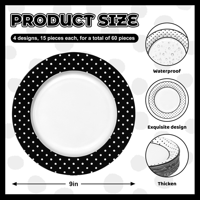 60Pcs Polka Dot Paper Plates, Assorted Black White, 9 Inch