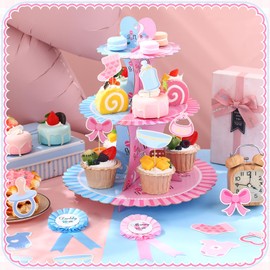 Reallnaive 39 Pcs Gender Reveal Party Set Includes Boy or Girl Cupcake Stand with Cupcake Toppers and Daddy and Mommy to Be Badge Pin for Baby Shower Celebration Party Favors Centerpiece