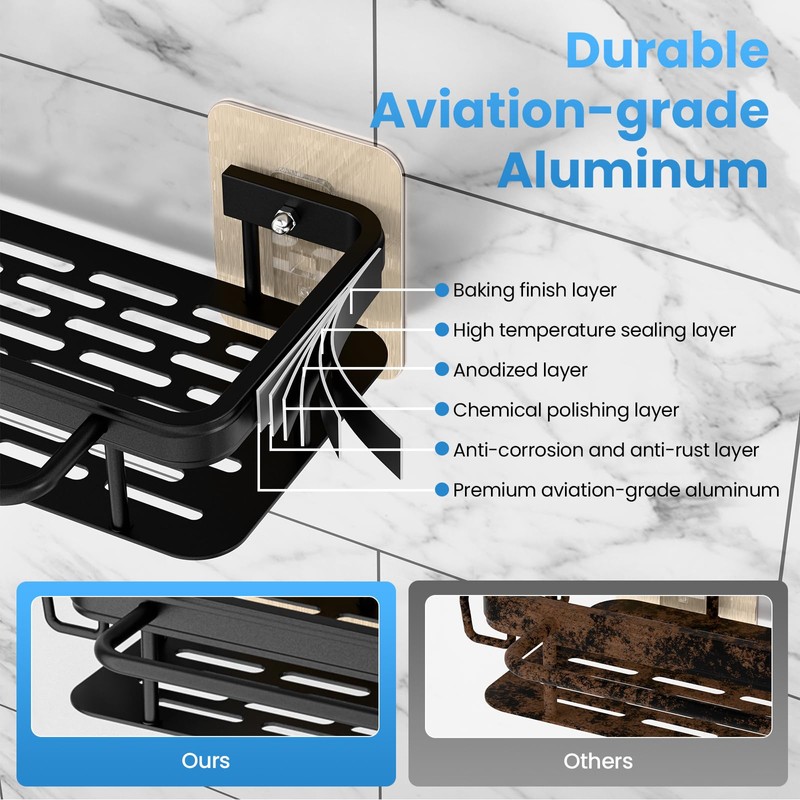 Styptika 2-Pack Adhesive Shower Caddy – Rustproof Aluminum Black Shower