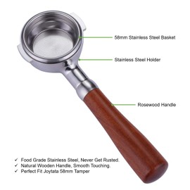 Joytata 58mm Bottomless Portafilter Fits E61 Grouphead Espresso Machine Stainless Steel Naked Portafilter Along with Espresso Filter Basket Coffee Bottomless Handle-Wooden