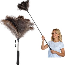 Extendable Ostrich Feather Duster - 40 inches Fluffy Long Handle Reusable Feather Duster for Cleaning Ceiling Fan,Pendant lamp, High Ceiling, Blinds, Furniture