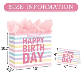 13" Large Happy Birthday Gift Bag with Handles and Tissue Paper, Cards for Girls Women Birthday Party Favors Wrap, Kids Parties, Mother's Day