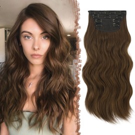 FESHFEN Clip-In Extensions, 4 Pieces, 50 cm Full Head Hair Extensions with Clips, Synthetic Wavy Hair Extensions, Chestnut Brown, Wavy Hair Extensions, Clip-In Hairpiece for Women, 180 g