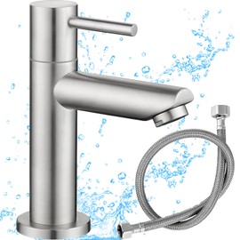Cerkkapo Cold Water Tap Guest Toilet Stainless Steel Tap Cold Water Sink Tap with Connection Hose 80 cm Hose 1/2, Tap Bathroom Only Cold Water, Single Lever Mixer Sink Tap
