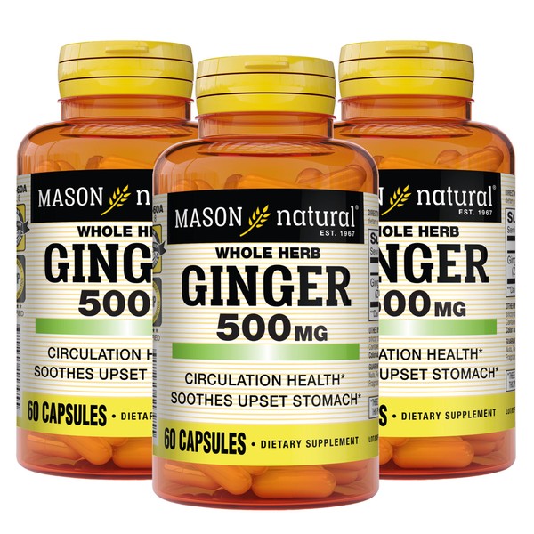 MASON NATURAL Whole Herb Ginger 500 mg - Healthy Circulation Support and May Sooth Upset Stomach*, Natural Herbal Supplement, 60 Capsules (Pack of 3)