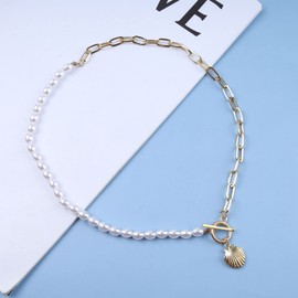 Cimenexe Vintage Scallop Pendant Necklace Chain Asymmetrical Pearl Choker Necklace Shell Choker Necklace Paper Clip Link Necklace Gold Toggle Clasp Necklace Choker Jewelry for Women and Girls
