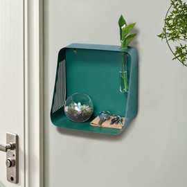 Tnstbiee Mid-Century Modern Floating Wall Shelf - Green Iron Bathroom Corner Shelf with Hydroponic Hole & Diffuser Stand, Space-Saving Wall-Mounted Organizer for Entryway, Kitchen, Bathroom