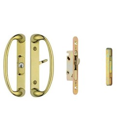 Rockwell Security Sonoma Patio Sliding Door Center Keylock Handle Set with Mortise Lock and Keeper Polished Brass Finish Fits 1-3/4 Inch Thick Doors with 3-15/16 Inch Screw Holes CTC