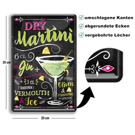 Schilderkreis 24 - Tin Signs Cocktail Recipe "Dry Martini" Decorative Metal Sign for All Bar Counter or Pub Owners Gift for Birthday or Christmas 20 x 30 cm (Dry Martini)