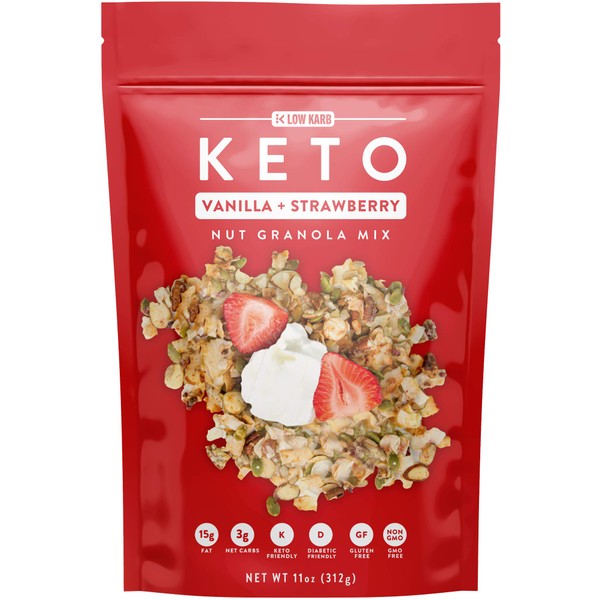 Low Karb - Keto Vanilla Strawberry Nut Granola Healthy Breakfast Cereal - Low Carb Snacks & Food - 3g Net Carbs - Gluten Free, Grain Free - Almonds, Pecans, Coconut and more (11 oz) (1 Count)