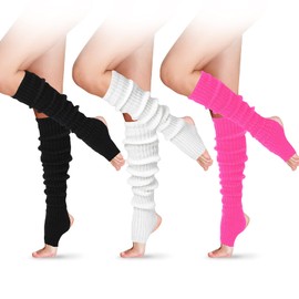 SATINIOR 3 Pairs Long Stirrup Yoga Leg Warmers 24 Inch over the Knee Ribbed Knit Leg Warmer for Women 80s Party Dance Sports (Black,White,Rose Red)