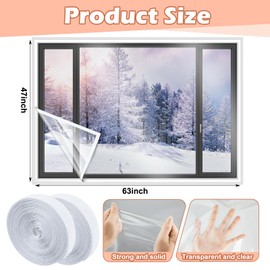 Beeveer 47 x 63 Inch Adjustable Window Insulation Kit Cuttable Transparent Film with Adhesive Straps Reusable Window Plastic for Winterizing Thicken Thermal Waterproof Insulation Cover Warm Winter