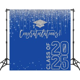 Fitumiw Class of 2025 Graduation Backdrop 10x10ft Blue and Silver Congratulations Graduates Background Party Decorations 2025 Congrats Grad Banner Photo Booth Props