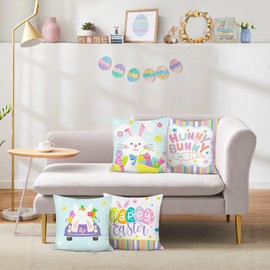 Bonhause Happy Easter Cushion Covers 45 x 45 cm Hunny Bunny Easter Eggs Carrots Decorative Throw Pillow Covers for Sofa Couch Bed Home Garden Spring Easter Decor Set of 4