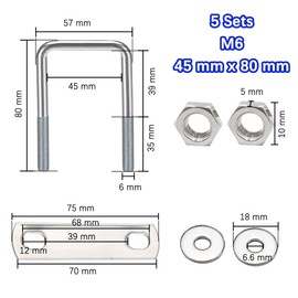 duoyif U Shackle U Bolts 45 mm x 80 mm M6 Pack of 5, Square U Bolt 304 Stainless Steel with Nuts Frame Plate Round Washers, Shackle Bolts for Pipe Fixing Car Towing (M6 45 x 80 mm)