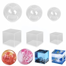 Accfore 6 Pcs Sphere & Cube Resin Molds - Clear Silicone Epoxy Molds for DIY Seamless Crystal Ball, Candle, Soap, Bath Bomb & Home Decoration (3 Sphere + 3 Cube)