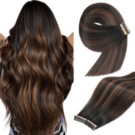 YDDM Tape-In Real Hair Extensions, 20 Pieces, 55 cm, 50 g, Natural Black with Chestnut Brown, Invisible Tape Extensions, Real Hair Extensions (22 Inches, 1B/1B/6#)