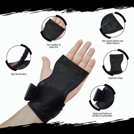 QTF Weight Lifting Grips (Pair) for Heavy Powerlifting, Wrist Straps for Deadlifts, Rows, Pull Ups, with Neoprene Padded Wrist Wraps Support and Strong Rubber Gloves or Straps for Bodybuilding (Black, L)