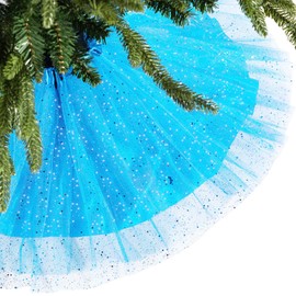 Christmas Tree Skirt Ruffle Glitter Shiny Xmas Tree Tulle Skirt Sequin Double Layers Xmas Trees Round Mat for Christmas Valentine's Day Party Decoration Indoor Outdoor (Light Blue,36 Inch)