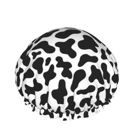 Black And White Cow Skin Abstract Animal Farm Shower Cap For Women Adjustable Double Waterproof Layers Bathing Bath Cap Hair Protection Reusable Ladies Spa Salon Shower Hat