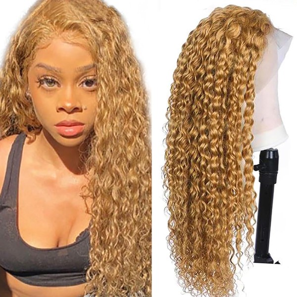 Hxxcoup Women's Real Hair Curly Wave Human Hair Wig Blonde Wigs Lace Frontal Wig Glueless Wig Long Wigs Transparent Swiss Lace Grade 8A 100% Brazilian Remy Hair 26 Inches