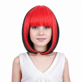 Ufindcos Black Wig for Kids Short Black Wig with Red Air Bangs Black Wig for Girls Black Red Straight Bob Synthetic Hair Wig with Wig Cap