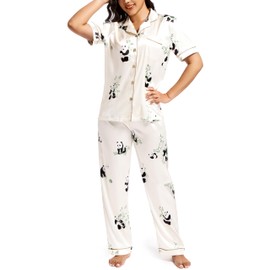 Lavenderi Women's Short Sleeve Classtic Satin Pajama Set(Small,Panda)