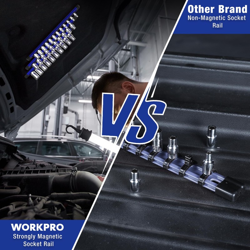 WORKPRO Magnetic Socket Organizer Set, 3-Piece Aluminum Alloy Socket Rail,