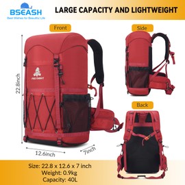 Bseash 40L Waterproof Hiking Backpack with Rain Cover, Outdoor Sport Travel Bag Daypack for Camping Climbing Cycling Skiing (Red)