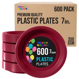 Exquisite Party Solids Burgundy Plastic Plates Bulk 7" Burgundy Disposable Plates For Party Supplies 600 Pcs Disposable Dinner Plate Heavy Duty 350 GSM Plate Sets, Plastic Dinnerware Sets