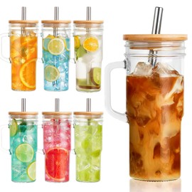 VasoArte 6 Pack Glass Tumbler Cups with Handle, 24oz Bubble Tea Cup with Bamboo Lid& Wide Straws,Reusable Mason Jars with Wide Mouth Iced Coffee Cup, Drinking Glasses for Smoothie,Bubble Tea