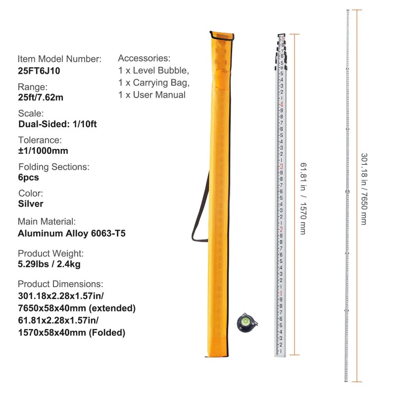25-Foot Aluminum Grade Rod 6 Sections Telescopic 1/10ft Double-Sided Scale