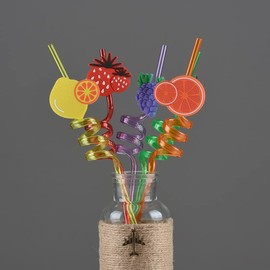 5 Pcs Reusable Drinking Straws Party Straws Curly Hard Plastic Straws Kids Birthday Party Decorations Supplies Family Reunion Party Favors（Fruit Shape）
