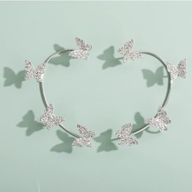 Wiwpar 2PCS Butterfly Ear Cuffs Climber Jewelry Earrings for Women Teen Girls Rhinestone Non Pierced Right Left Ear Clips Wrap Around Fairy Elegant Shiny Earrings(silver)