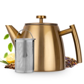 Vaja Trends Teapot | Gold Stainless Steel 1 Litre | Teapot with Strainer Insert | Stainless Steel Teapot Warmer for Teapot | Teapot with Warmer | Tea Maker | Double-Walled