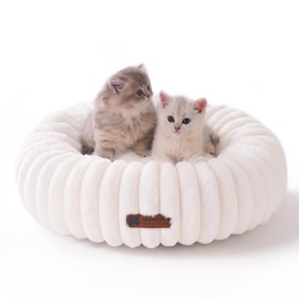 MEWOOFUN Cat Bed, Washable Cat Beds for Indoor Cats, Cute Donut Cat Bed Fluffy Pet Bed with Non-Slip Bottom, Calming Round Cat Bed for Puppy and Kitten (Cream)