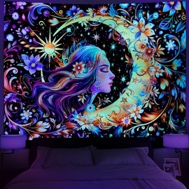 Serborlur Blacklight Sun and Moon Tapestry UV Reactive Psychedelic Floral Tapestries Galaxy Space Tapestry Hippie Boho Mandala Wall Hanging Flower Plants Backdrop for Bedroom Living Room (51.2" × 59.1")