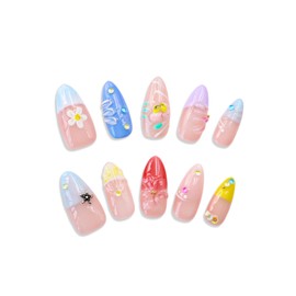 Handmade Flower Press on Nails Blue French Tip Fake Nails with Stars Designs 3D White Flower & Water Ripple False Nail Full Cover Medium Almond Artificial Acrylic Nails for Women（Size M)