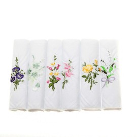 Ladies Handkerchiefs 100% Cotton Hankies Lace Corner Dyed Silver Gift Box (6, Coloured Embroidery)