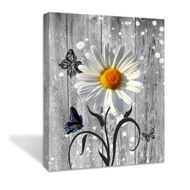 Bx impressart Daisy Flower Butterfly Canvas Wall Art -Modern Artwork Prints Daisy wall Decor -Living Room Bathroom Bedroom Office Home Wall Decor -Ready to Hang(Grey Daisy flowers, 16x20inch)