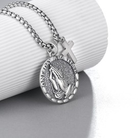 925 Sterling Silver Serenity Prayer Necklace Praying Hands Pendant with Cross Charm Religious Jewelry for Men Women