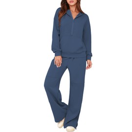 Two Piece Trendy Outfits for Women Fall Lounge Sets Long Sleeve Tracksuit Wide Leg Loungewear Winter Sweatsuit Casual Winter Y2k Blue S