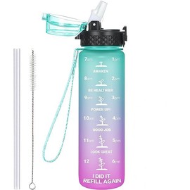 GOPPUS Kids Water Bottle with Straw Spout Lid 17 oz Leak-proof BPA Free Motivational Time Marker Tritan Plastic Water Bottles for Girls Boys School Sports 1 Lid Green Purple