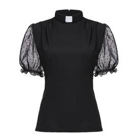 Womens Church Clergy Shirt Tab Collar Tulle Mesh Lantern Short Sleeves Slim Blouse Top Black