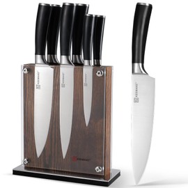 KEEMAKE Knife Block Set - 7Pcs Kitchen Knives with Magnetic Knife Block Holder, High Carbon Stainless Steel Chef Knife Set with Block, Ultra Sharp Knives Set for Kitchen With Ergonomic Handle