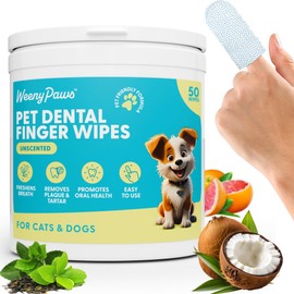 WEENY PAWS Teeth Cleaning Wipes for Dogs & Cats, Remove Bad Breath by Removing Plaque and Tartar Buildup No-Rinse Dog Finger Toothbrush, Disposable Gentle Cleaning & Gum Care Pet Wipes, 50 Counts