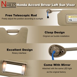 NHILES Left Driver Side Sun Visor Compatible with Honda Accord 2008 2009 2010 2011 2012 2013 2014 2015 2016 2017 with Light Replaces # 83280-TA0-A91ZB (Beige)