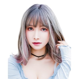 TefuRe HA-6131-GyPk Inner Color Wig, Bob, Semi-Long, Medium, Inner, Lightly Curled, Small Facial Effect, Inner Color Midi, Wig Net Included, Gray/Pink