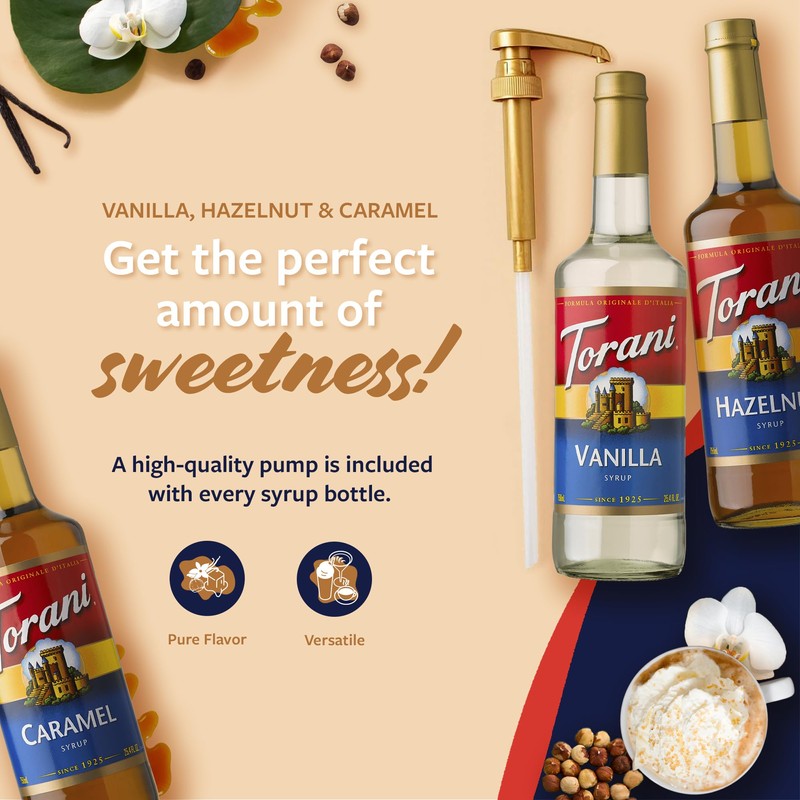Torani Coffee Syrup, Vanilla, Caramel, and Hazelnut Variety 3-Pack, Flavoring